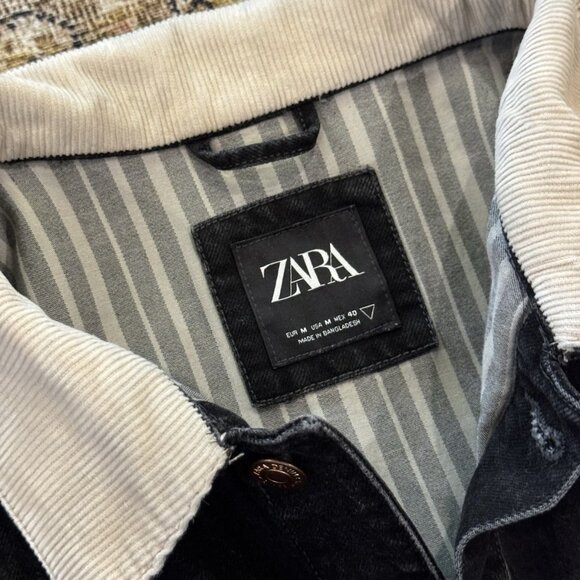 Zara Denim Black Wash Chore Jacket Corduroy Collar Cotton Lined Sz Medium Men's - Picture 4 of 5